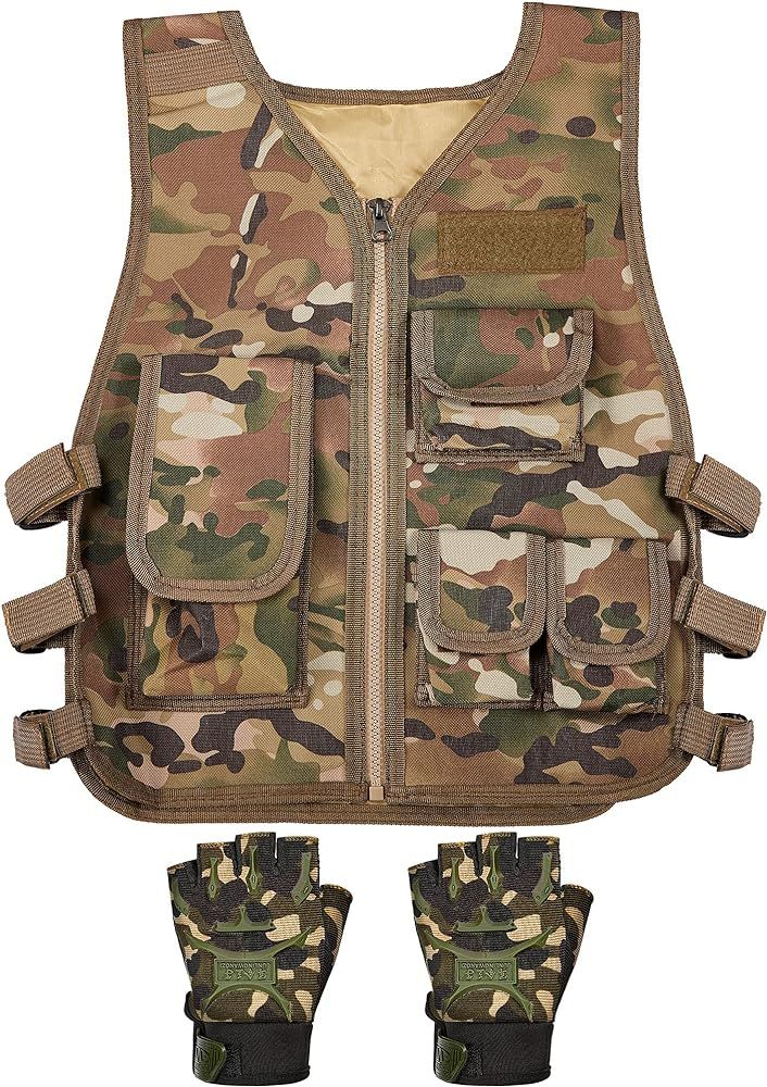 SATINIOR Kids Tactical Vest Army Combat Vest Outdoor with Half Finger Fingerless Short Gloves Bre... | Amazon (US)