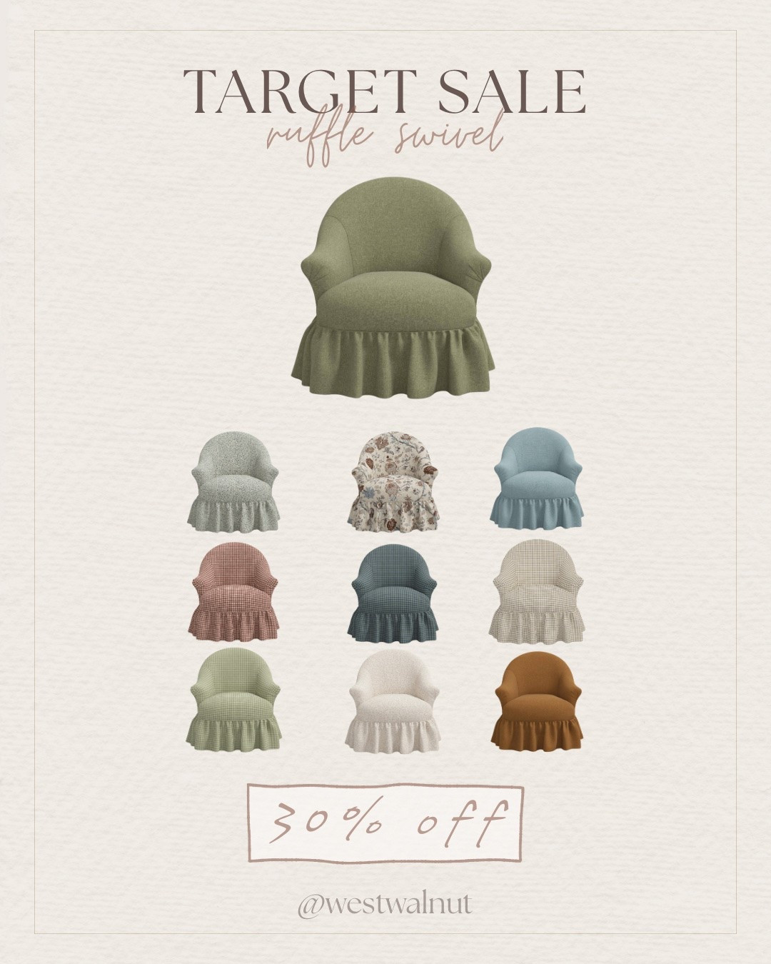 @Target is having a sale right now on some of my favorite furniture pieces they have! I've linked tons of pieces for 30%!

This is the Meredith Ruffled Skirt Swivel Accent Chair - Threshold™ designed with Studio McGee. There are currently 10 upholstery finishes in stock. These ruffle swivels are made to order, hands crafted in Illinois.

#accentchair #affordablefurniture #moderndecor #modernhome #budgetfriendlydecor #swivelchair #ruffleswivel

#LTKHome