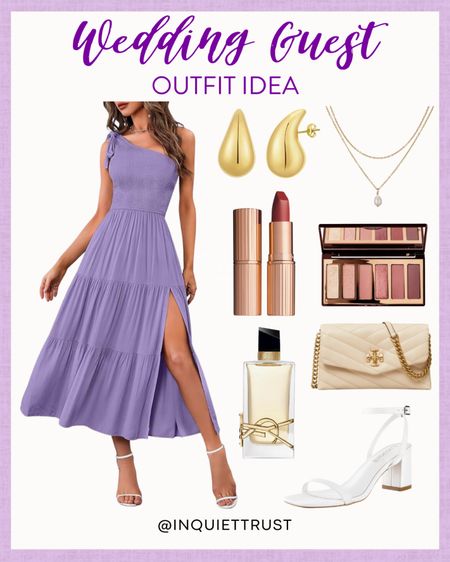 Make sure to elevate your wedding guest style with this stunning purple asymmetric midi dress paired with chic white sandals and a matching neutral handbag!
#springfashion #outfitinspo #trendydress #formalwear

#LTKSeasonal #LTKstyletip #LTKwedding