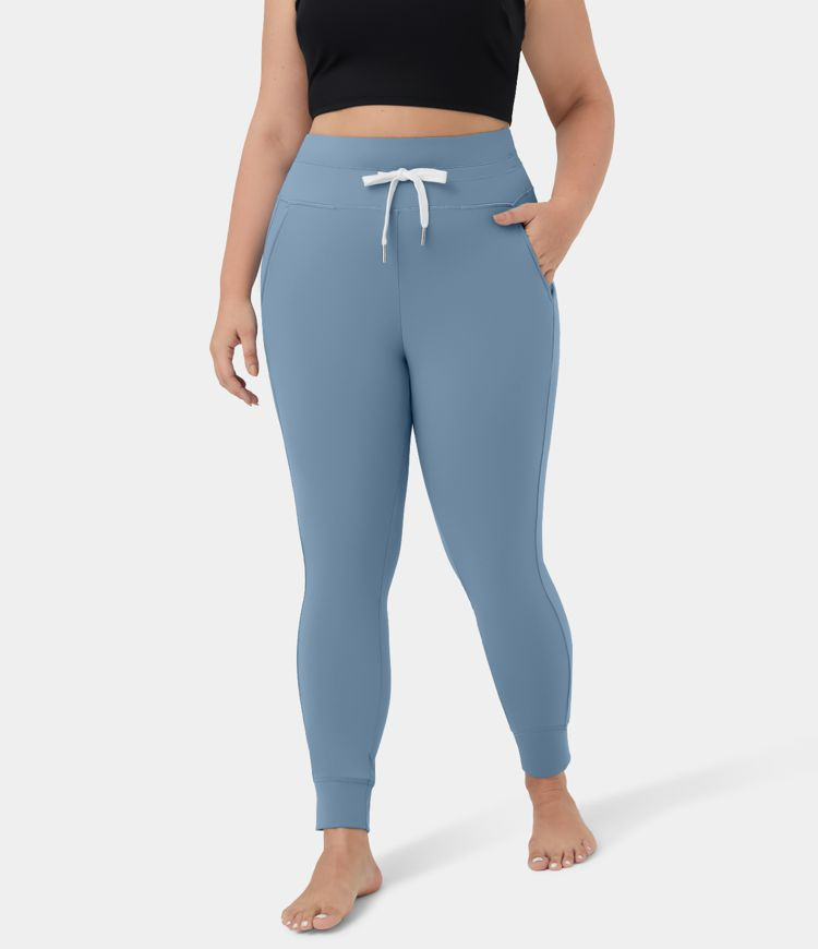 Cloudful™ Air Fabric High Waisted Drawstring Side Pocket Plain Full Length Plus Size Joggers | HALARA