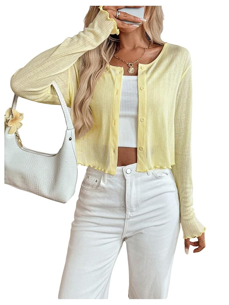OYOANGLE Women's Button Up Lightweight Cardigan Crop Top Long Sleeve Lettuce Trim Casual Knit Wea... | Amazon (US)