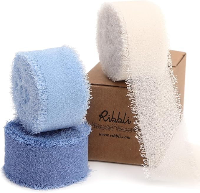 Ribbli Blue Ribbon 1 Inch x 3 Rolls Total 24 Yards Cream/Blue/Dusty Blue Handmade Fringe Chiffon ... | Amazon (US)