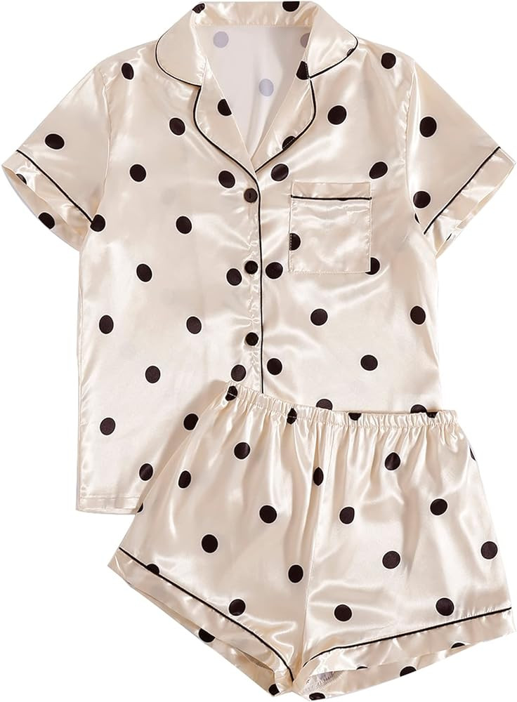 LYANER Women's Striped Silky Satin Pajamas Short Sleeve Top with Shorts Sleepwear PJ Set | Amazon (US)