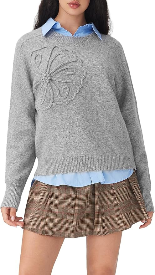 CIDER Women's Cute Sweater Crew Neck Long Sleeve Floral Pullover Fall Winter Sweaters Loose Fit K... | Amazon (US)