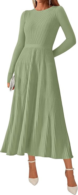 KIRUNDO Women Fall Business Casual Ribbed Knit Long Sleeve Bodycon Pleated Midi Sweater Dress Ele... | Amazon (US)