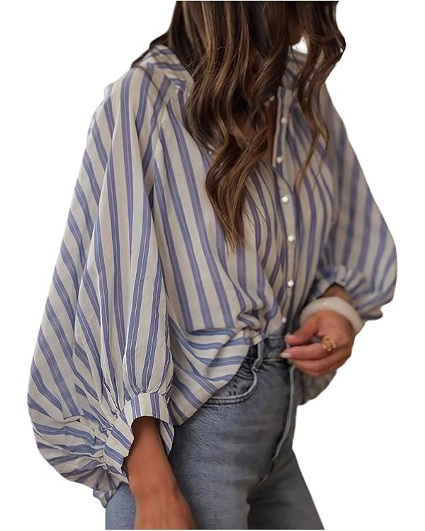 GORGLITTER Women's Striped Button Up Shirt Oversized Puff Sleeve Blouse Frill Trim Peplum Tops | Amazon (US)