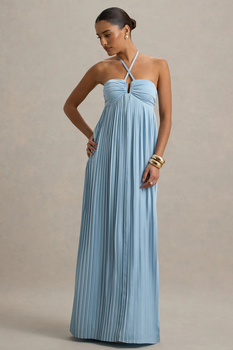 Elayne | Powder Blue Halter-Neck Maxi Dress With Cut-Out Detail | Club L London