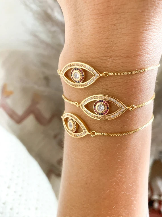 Gold Evil Eye Charm Bracelet | Layering Bracelet | Adjustable Slider Bracelet | Etsy (US)