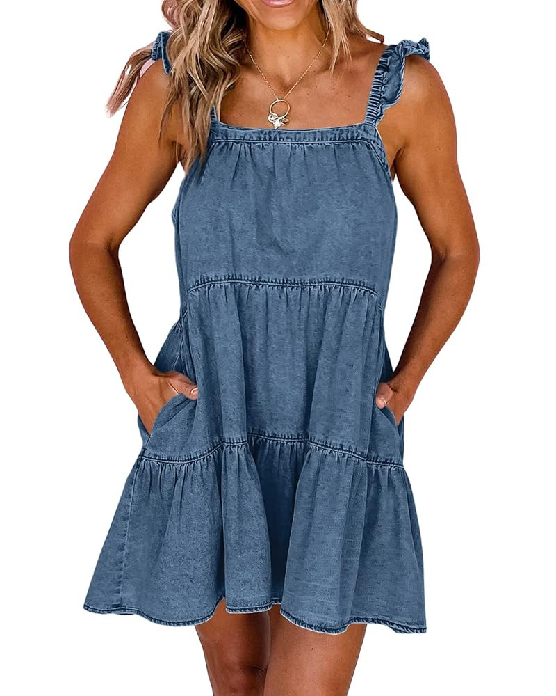 Newffr Womens Summer Denim Dress Square Neck Ruffle Trim Sleeveless Babydoll Flowy Jean Dresses w... | Amazon (US)