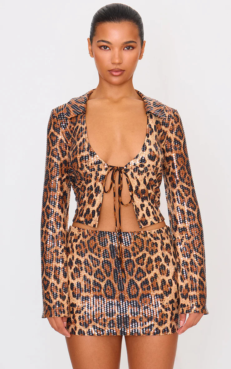 Brown Leopard Print Sequin Tie Front Detail Long Sleeve Shirt | PrettyLittleThing US