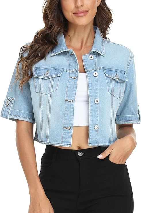 MISS MOLY Women's Cropped Denim Jackets Summer Short Sleeve Classic Casual Jean Jackets | Amazon (US)
