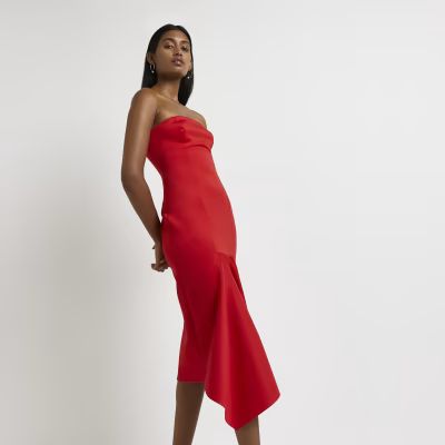 Red asymmetric hem bandeau dress | River Island (UK & IE)