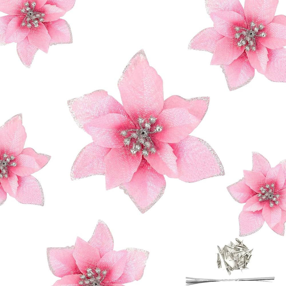 12Pcs 5 Inch Glitter Artificial Poinsettia Flowers with Ties for Wedding Christmas Festival Holid... | Amazon (US)