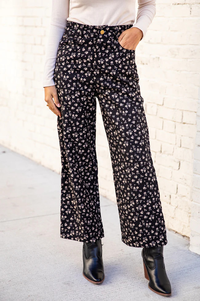 Makes Me Wonder Black Corduroy Floral Pants, Medium - Pink Lily | Pink Lily