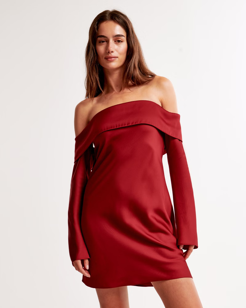 Women's Long-Sleeve Off-The-Shoulder Satin Mini Dress | Women's New Arrivals | Abercrombie.com | Abercrombie & Fitch (US)
