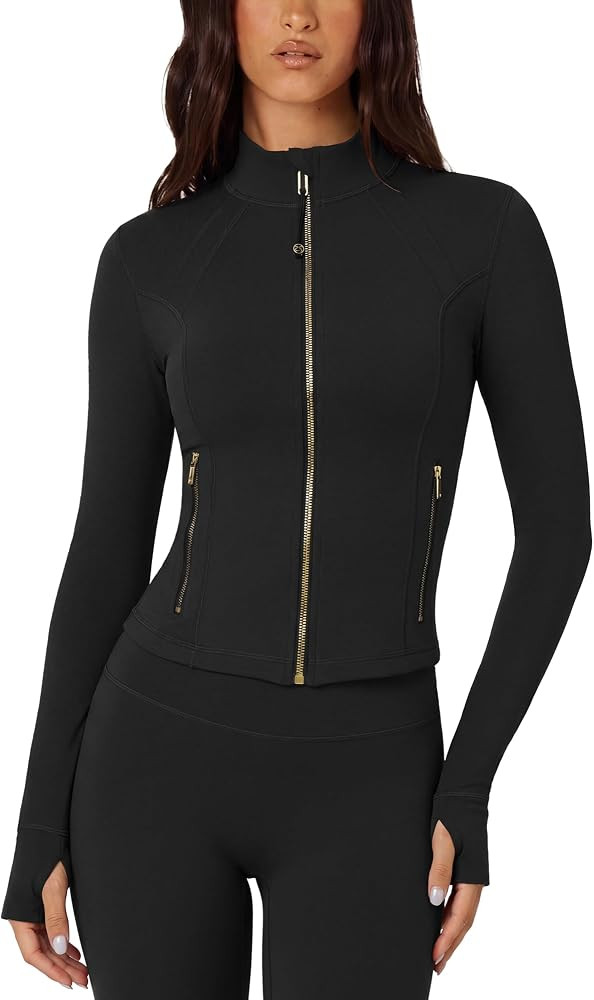 SUUKSESS Women 2 Piece Workout Sets Golden Full Zip Up Jackets High Waisted Leggings | Amazon (US)
