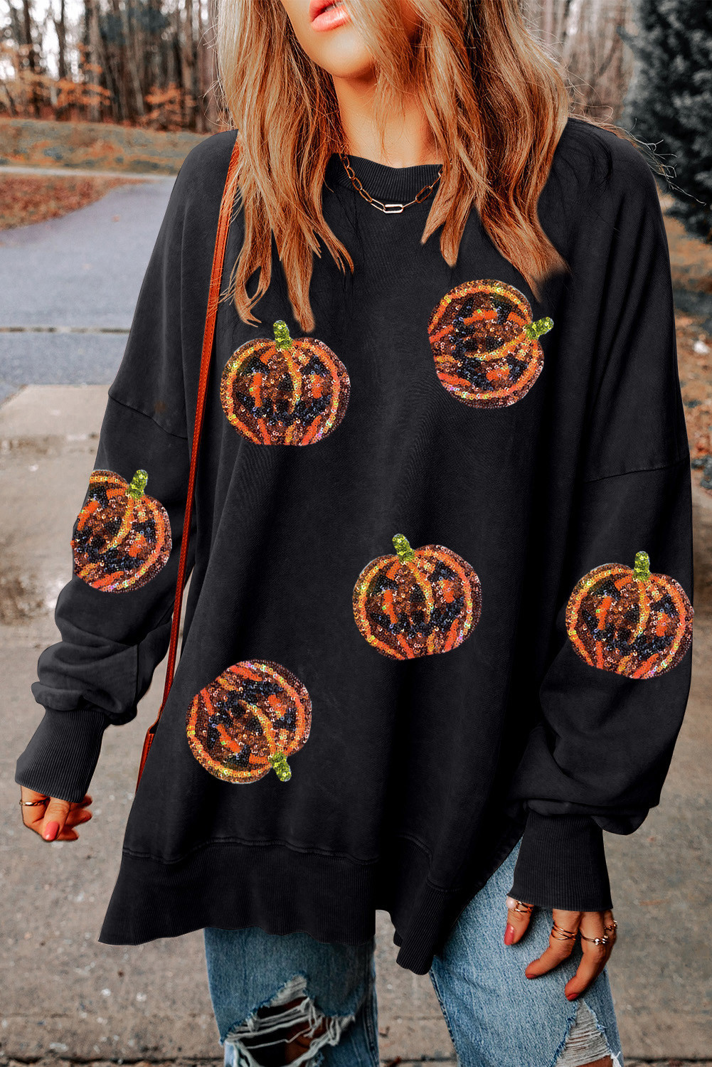 Pumpkin Split Round Neck Casual Pullover Sweatshirt | Evaless