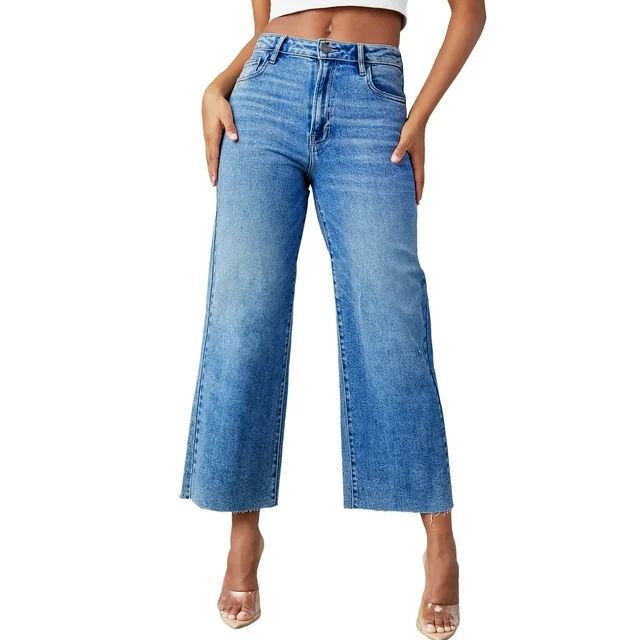 Dokotoo Womens Wide Leg Jeans High Rise Loose Fit Raw Hemline Petite Baggy Denim Pants Classic St... | Walmart (US)