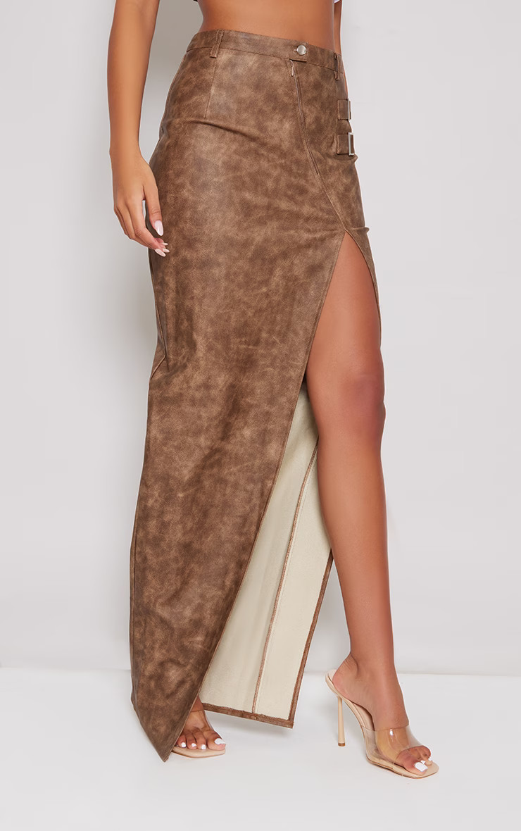 Tall Washed Brown Pu Buckle Detail Split Maxi Skirt | PrettyLittleThing UK