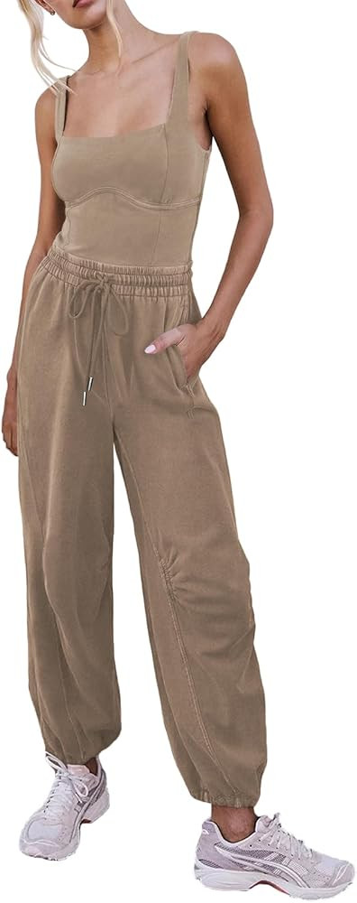 Women's Sleeveless Summer Jumpsuit Square Neck Drawstring Waist Long Romper Jumpers 2025 with Poc... | Amazon (US)