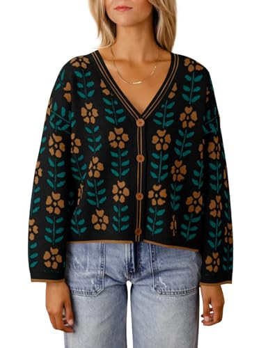 Saodimallsu Womens Floral Print V Neck Cardigan Open Front Button Down Knit Sweater Long Sleeve L... | Amazon (US)