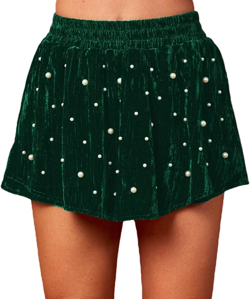 Seyumixi Women Pearls Beaded Shorts Elastic High Waist Velvet Skort Ruffle Short Skater Skirt Bot... | Amazon (US)