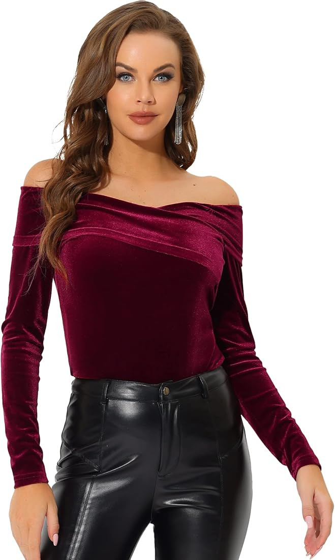 Allegra K Velvet Top for Women's Slim Fit Long Sleeve Off Shoulder Blouse | Amazon (US)