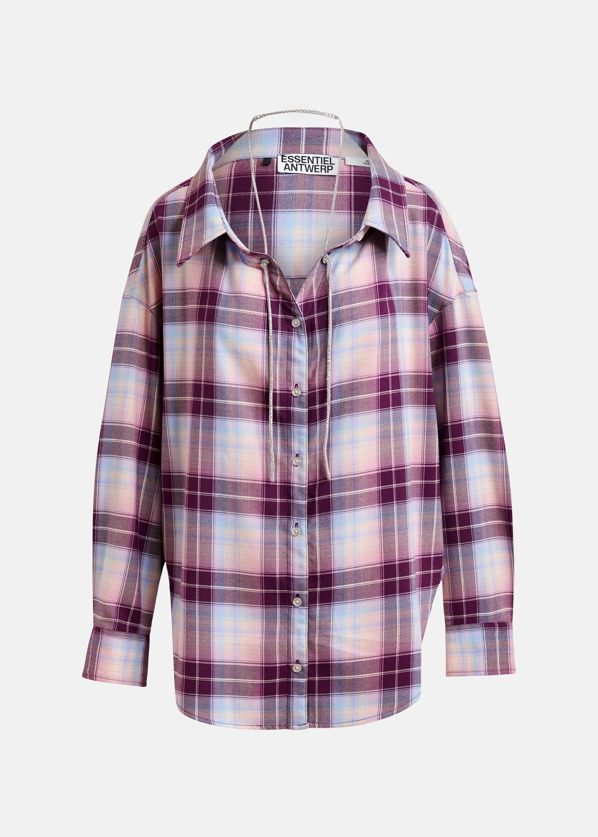 Purple, burgundy and light blue oversized plaid shirt with rhinestone chain | Essentiel Antwerp U... | Essentiel Antwerp