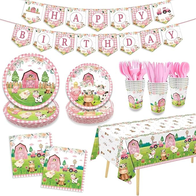 171Pcs Farm Animals Party Supplies Tableware Set Cute Pink Animal Baby Shower Includes Plate Napk... | Amazon (US)
