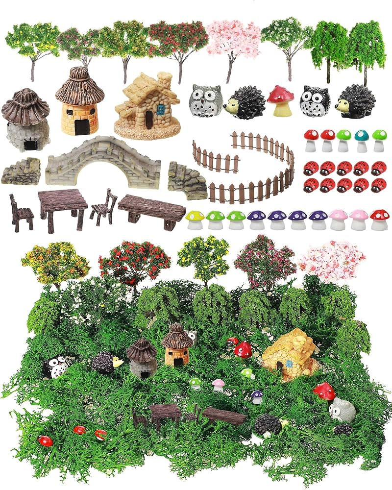 58 Pcs Mini Garden Accessories Set Fairy Village Miniature Fairy House Starter Kit Mini Terrarium... | Amazon (US)