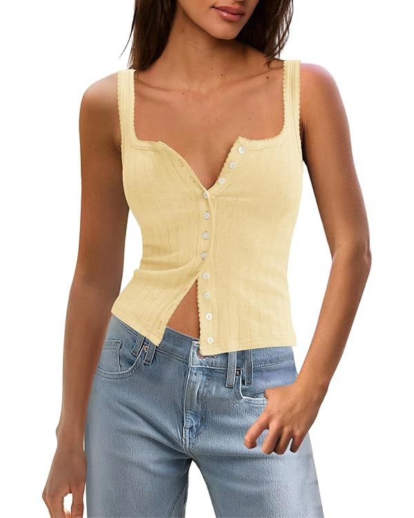 Panadila Womens Ribbed Square Neck Tank Top Summer Button Down Tanks Sleeveless Knit Tops Going O... | Amazon (US)