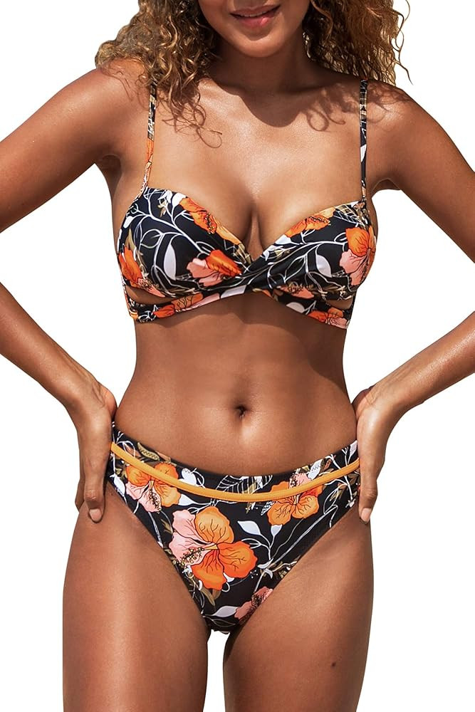 CUPSHE Women's Wrap Top Floral Bottom Bathing Suit Two Piece Sexy Swimsuit | Amazon (US)