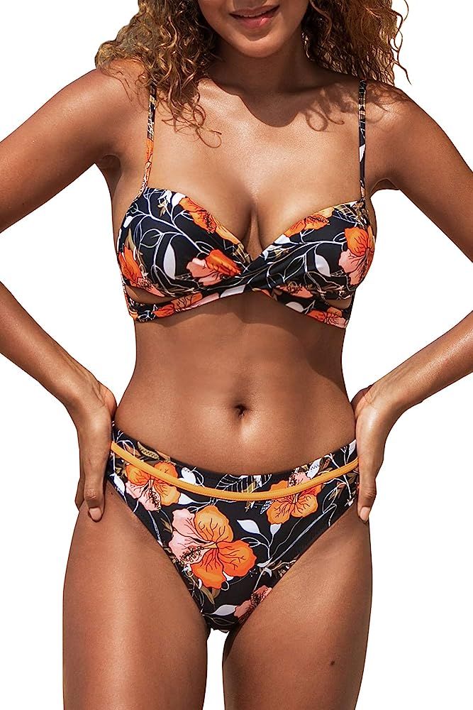 CUPSHE Women's Wrap Top Floral Bottom Bathing Suit Two Piece Sexy Swimsuit | Amazon (US)