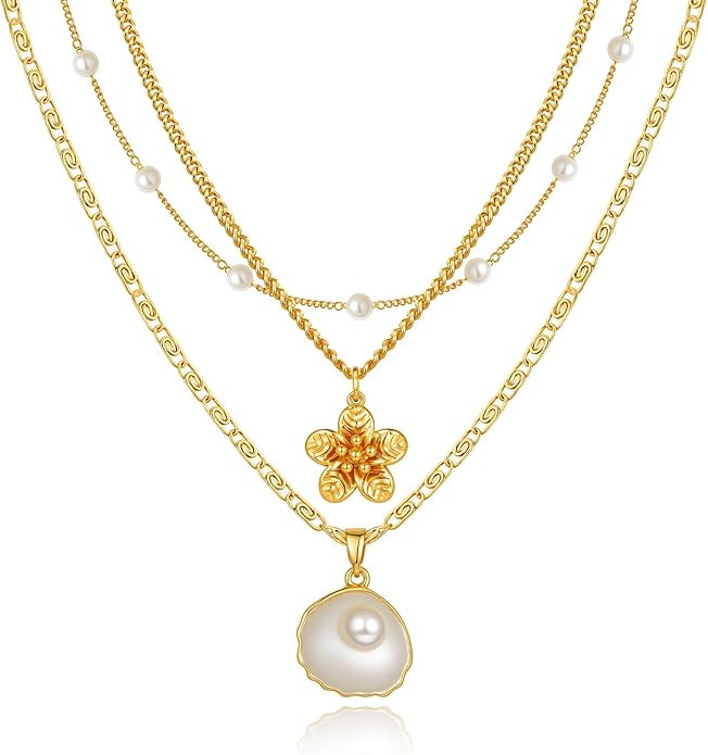 Charm Necklaces for Women,14k Gold Plated Waterproof Dainty Choker Necklace Summer Seashell Pearl... | Amazon (US)