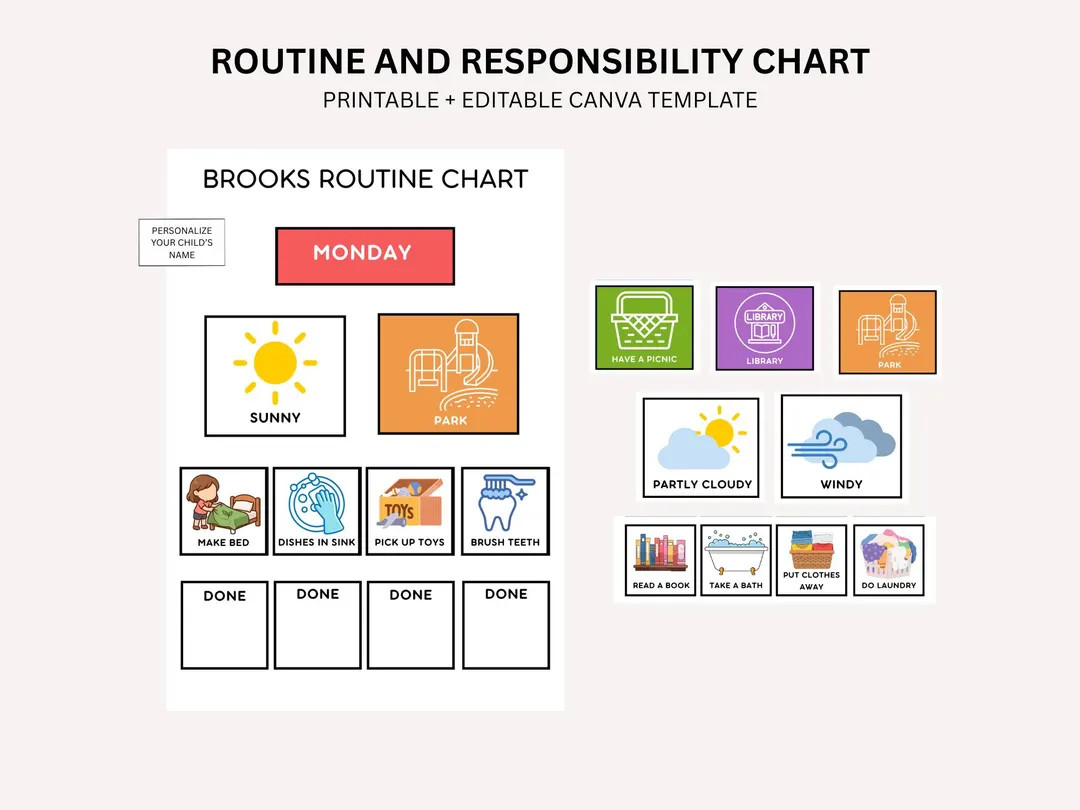 Kids Routine & Responsibility Chart. Printable Chore Chart + Editable Canva Template. Visual Dail... | Etsy (US)