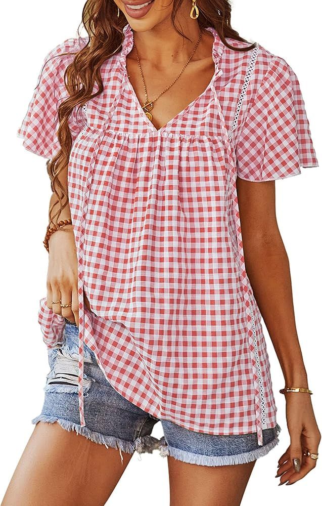 KIRUNDO Women's Summer Plaid Tops Short Sleeve V Neck Blouses Shirt Drawstring Casual Loose Tunic... | Amazon (US)