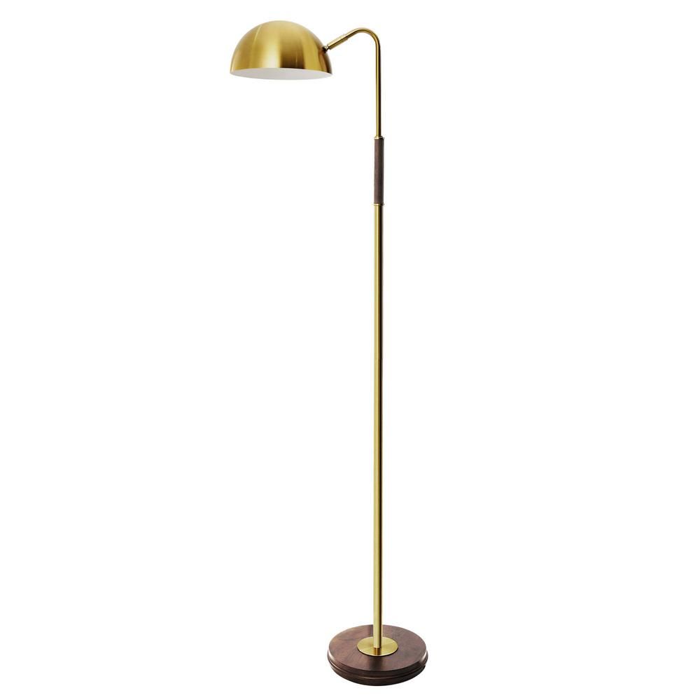 Merra 56 in. Antique Brass Arched Floor Lamp with Oak Wood Base | The Home Depot