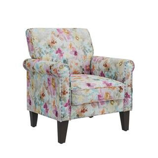Jean Pastel Pink Floral Fabric Traditional Rolled Arm Accent Chair with Nailheads | The Home Depot