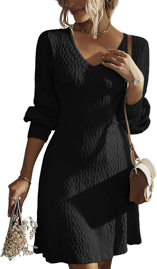 Dokotoo Work Dresses for Women 2024 Trendy Fall Dresses V Neck Knit A Line Long Sleeve Dress Swea... | Amazon (US)