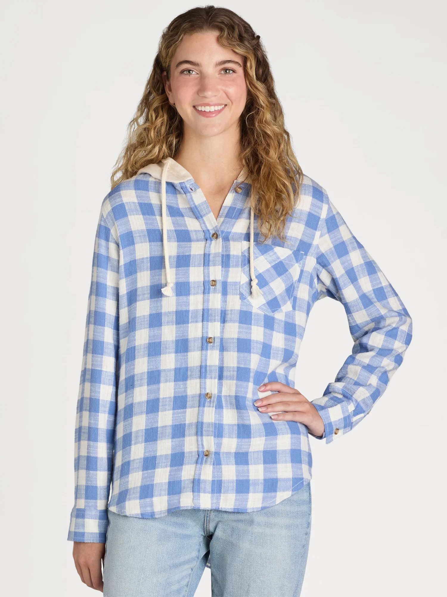 Time and Tru Women's Hooded Flannel Button Down Shirt with Long Sleeves, Sizes XS-XXXL - Walmart.... | Walmart (US)