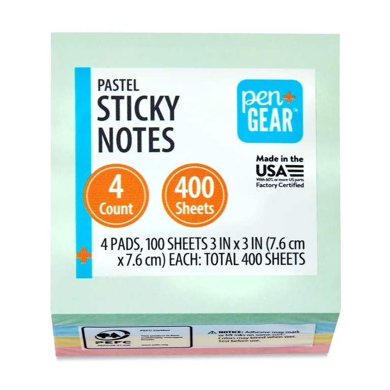 Pen+Gear Assorted Pastel Sticky Notes, 3" x 3", 400 Sheets, 4 Pads | Walmart (US)