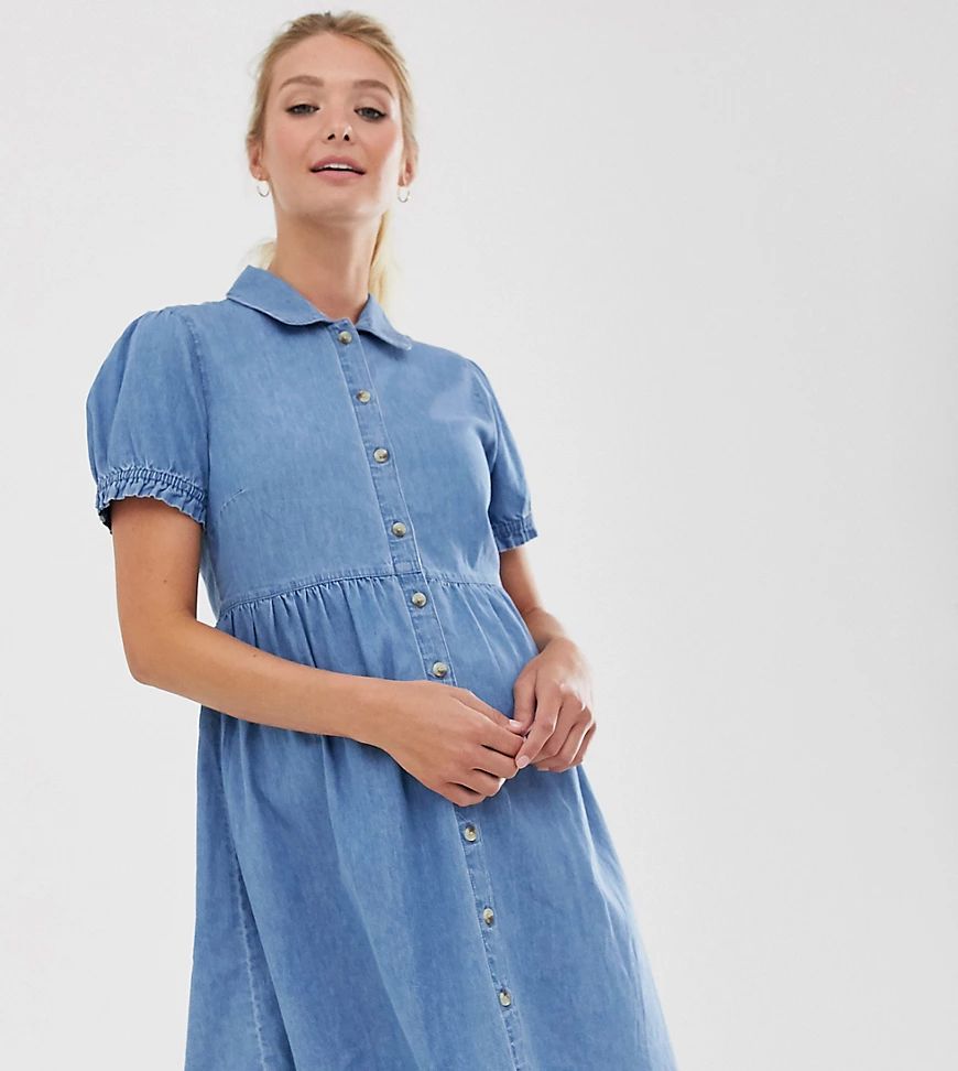 ASOS DESIGN Maternity denim mini shirt dress with collar in blue | ASOS (Global)
