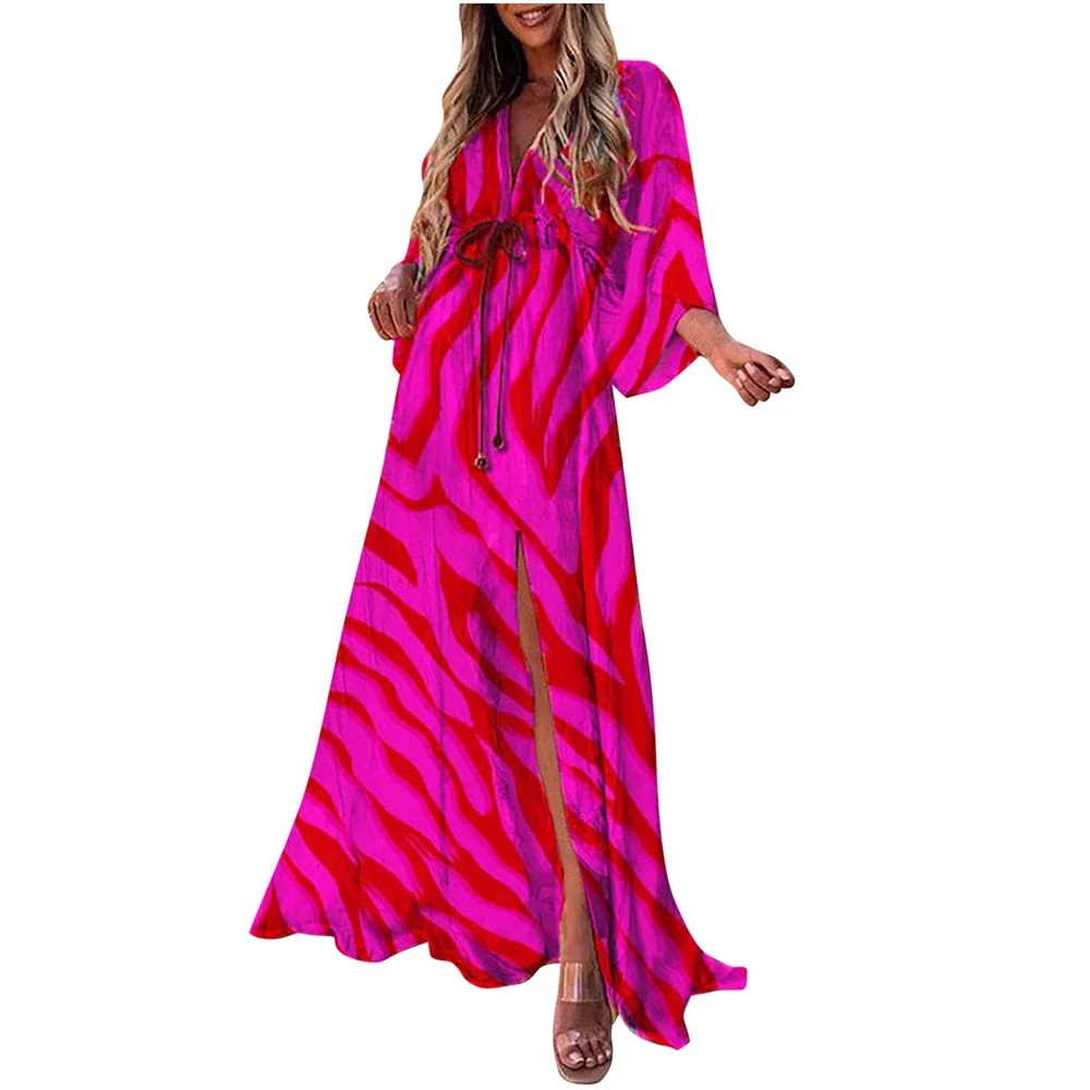 Joau Maxi Dress Plus Size Sexy Long Sleeve Deep V Neck Low Cut Waist Cutout Fluttering Floral Bea... | Walmart (US)