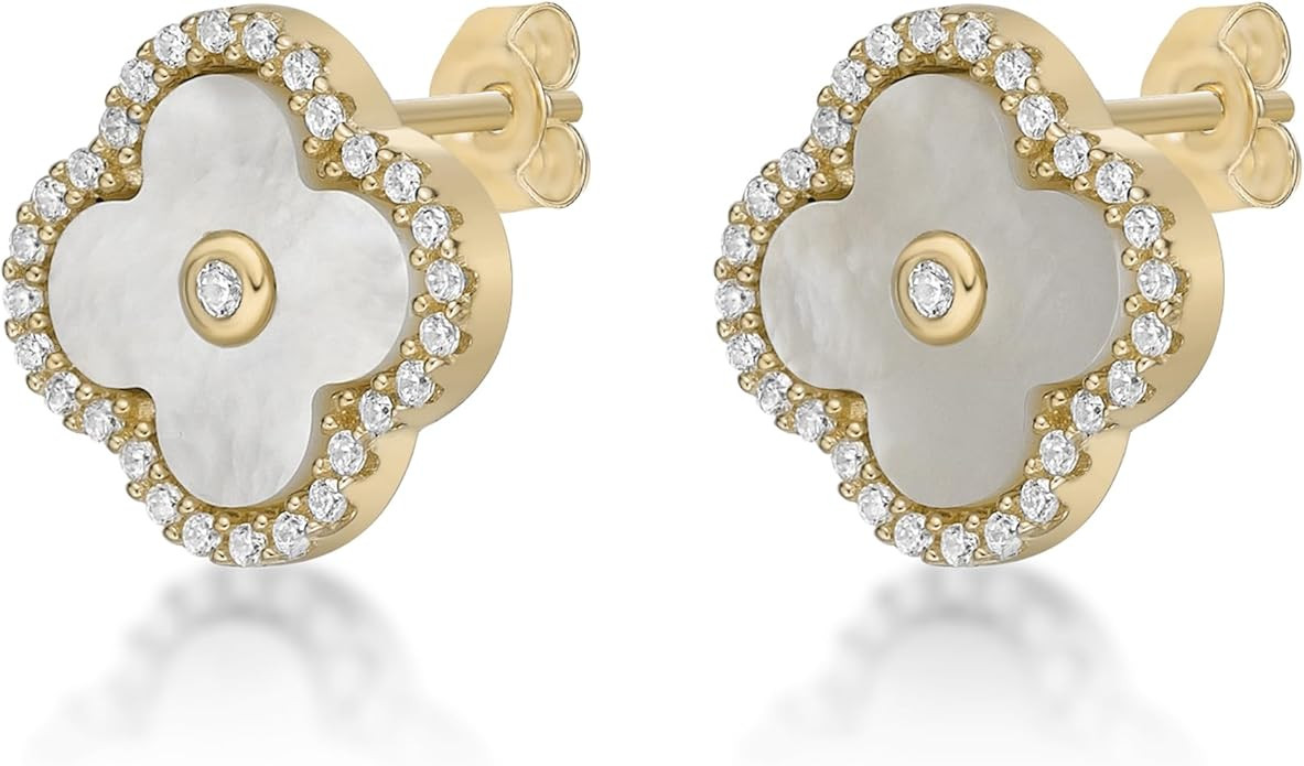 Lavari Jewelers Four Petal Halo Flower Stud Earrings for Women - Black Onyx Mother of Pearl Malac... | Amazon (US)