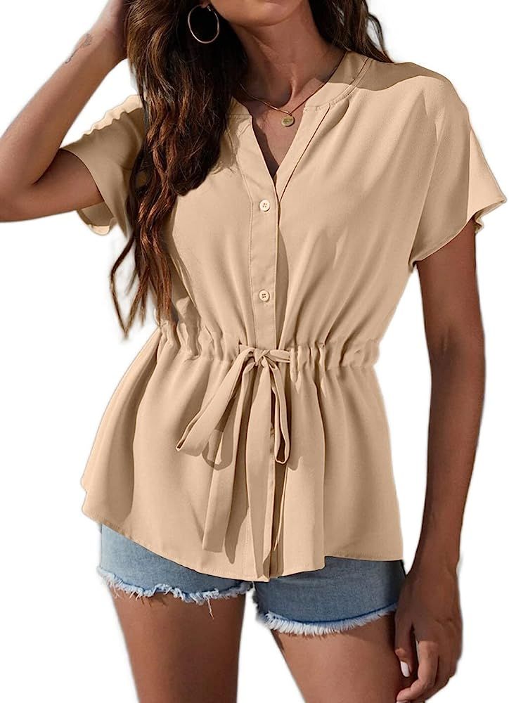 Meetrendi Womens Button Down Blouses Casual Short Sleeve Peplum Summer Tops Dressy Chiffon Blouse fo | Amazon (US)