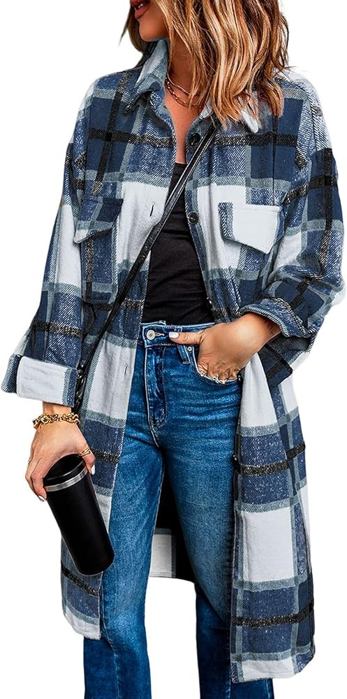 Women's 2023 Plaid Shacket Jacket Long Sleeve Button Down Shirts Fashion Winter Wool Coats | Amazon (US)