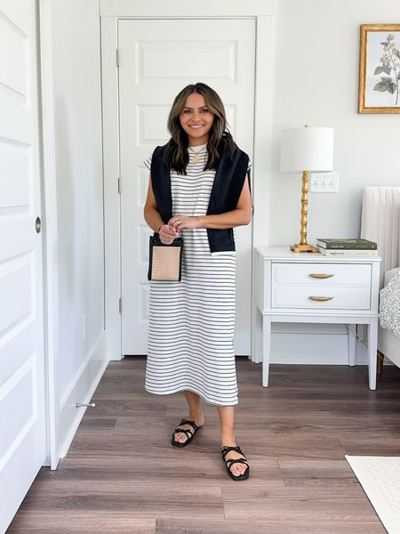 Black and white stripe midi shirt dress size XS TTS 
Black cardigan size XS TTS
Black bow sandals size 5.5 TTS 

Spring outfits 
Spring dress 
Spring style 
Spring trends 
Summer dress 

#LTKfindsunder50 #LTKSeasonal #LTKstyletip