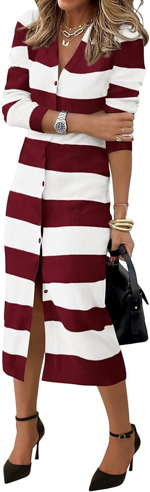 PRETTYGARDEN Women's Dresses 2025 Fall Long Sleeve V Neck Button Down Ribbed Knit Stripes Bodycon... | Amazon (US)