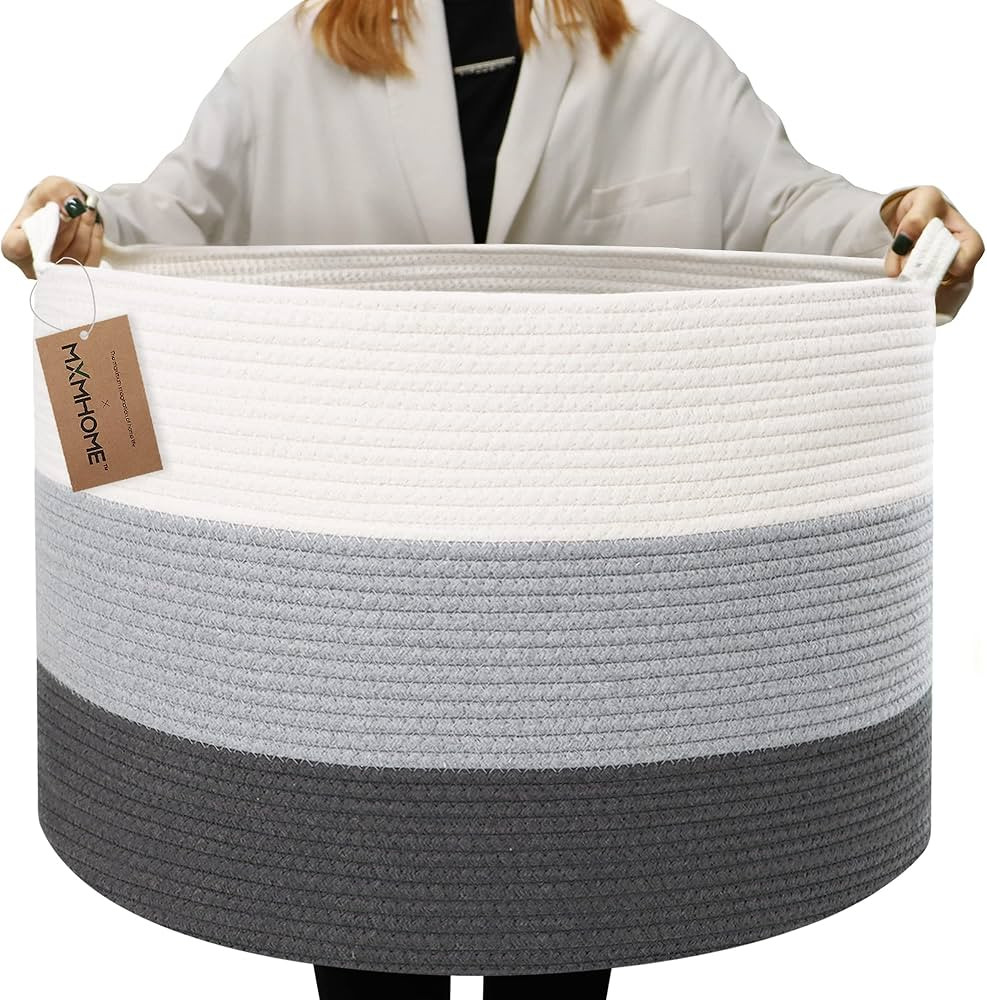 MXMHOME Large Cotton Rope Basket,23.6"x23.6"x14.1" Throw Blanket Storage for Living Room Woven Ba... | Amazon (US)
