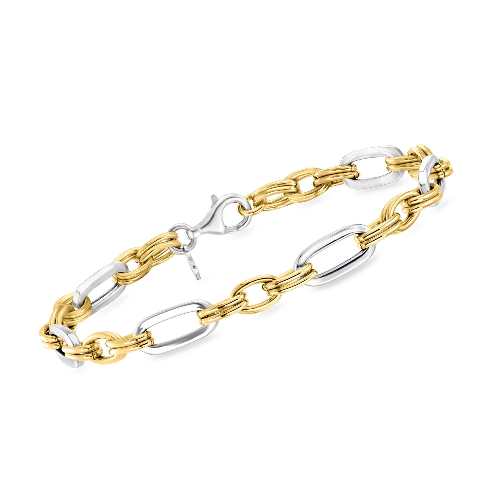 Ross-Simons Italian Sterling Silver and 18kt Gold Over Sterling Alternating Cable and Paper Clip Link Bracelet | Shop Simon